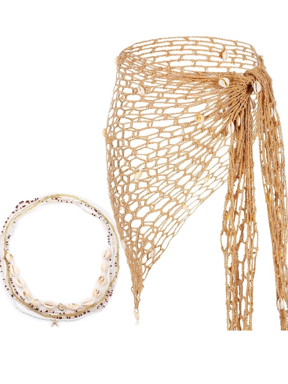 2 Set Mermaid Costume Women Crochet Cover up Beach Fishnet Skirt w waist chains